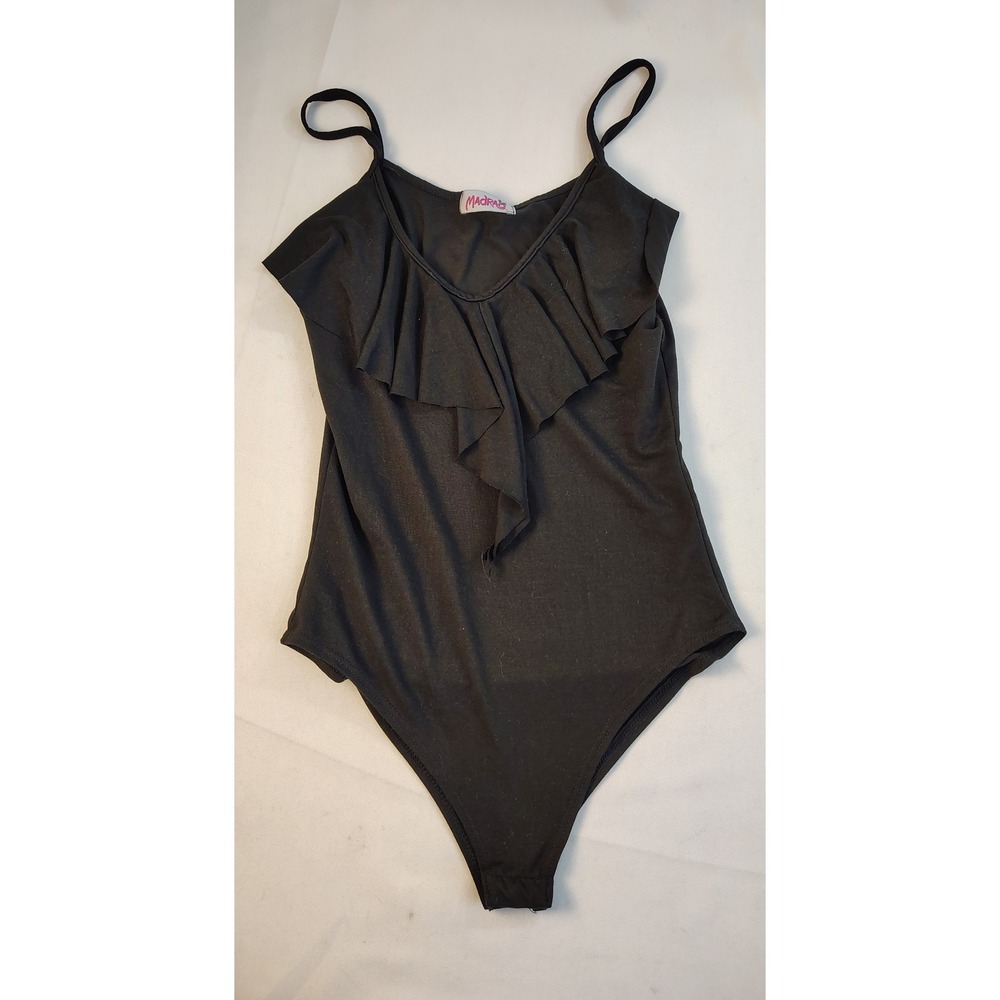 Madrag Womens Sexy Black Ruffle Plunge V-Neck Clubwear Night Out Bodysuit Size S
